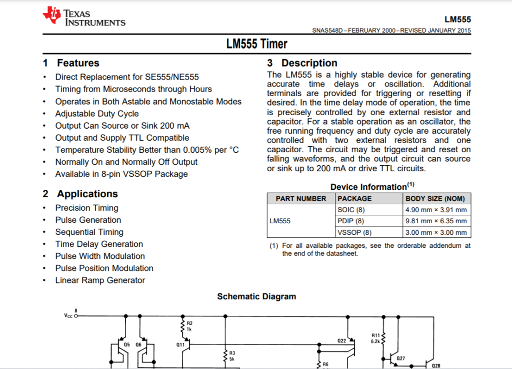 First page of Texas Instruments datasheet for LM55 timer