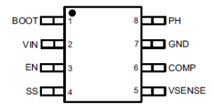 A top view of the TPS54331DR converter’s pin configuration